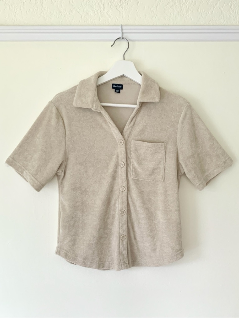 Gap Body beige Towel Terry button front short sleeve top